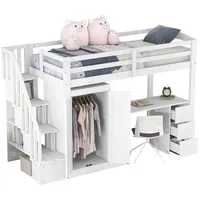 DOPWii Bett 90 x 200cm Hochbett mit Kleiderschrank,Treppe,Schreibtisch,Schubladen, Schrank in einem,weiß, Etagenbett, Jugendbett, Kombinationsbettschrank weiß