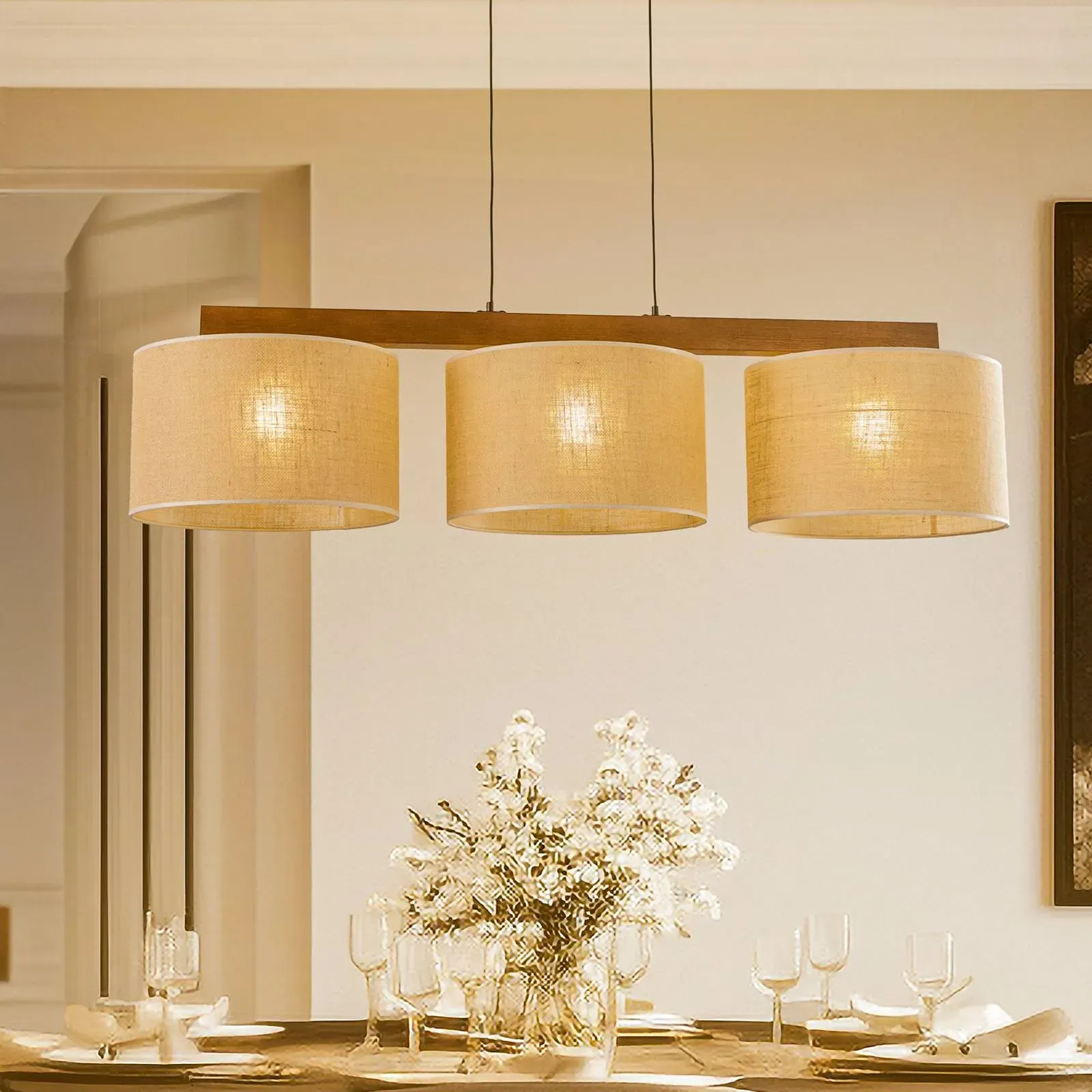 Hängelampe Juta TK Lighting, dimmbar, Holz hell, für Wohn- / Esszimmer, Textil / Stoff / Seide, Pendelleuchte - 120 cm - 38 cm - 120 cm