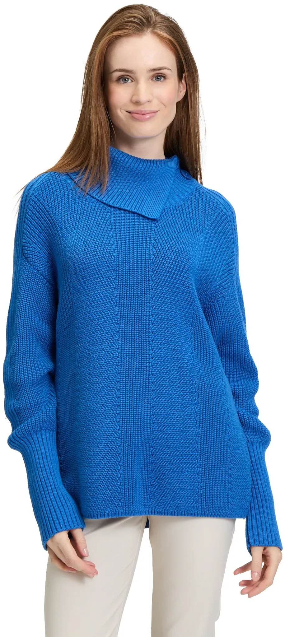 Strickpullover BETTY BARCLAY "Betty Barclay Grobstrick-Pullover mit hohem Kragen", Damen, Gr. 40, blau (mittelblau), Strick, Obermaterial: 50% Baumwolle, 50% Polyacryl., casual, lässig geschnitten normal, Langarm, Pullover, Kragen