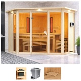 KARIBU Sauna »Adele«, (Set), 9-kW-Bio-Ofen mit ext. Steuerung, inkl. 2 Infrarot-Vitalightstrahlern beige