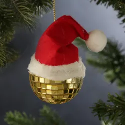Weihnachtsbaumschmuck Discokugel Baumkugel mit Nikolausmütze gold