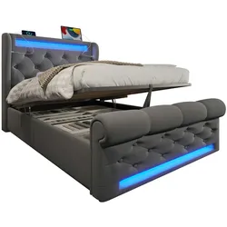 OKWISH Design Polsterbett "Cloud" 90x200 cm mit LED-Beleuchtung, Stauraum & Ladestation – Modernes Samtbett in Schwarz