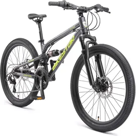 Bikestar Kinder Fahrrad Aluminium Fully Mountainbike 21 Gang Shimano, Scheibenbremse ab 9-14 Jahre | 24 Zoll Kinderrad Vollgefedert, MTB | Schwarz
