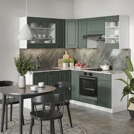 Vicco Winkelküche L-Form 160 x 190 cm Grün-Gold Landhaus/Weiß