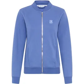 delmao Sweatjacke DELMAO, Damen, Gr. 48/50, denim blau, angeraute Sweatware, Obermaterial: 80% Baumwolle, 20% Polyester, unifarben, figurbetont hüftlang, Rundhals, Rippbündchen, Sweatjacken Sweatjacke, in modischer Bomberjacken-Form