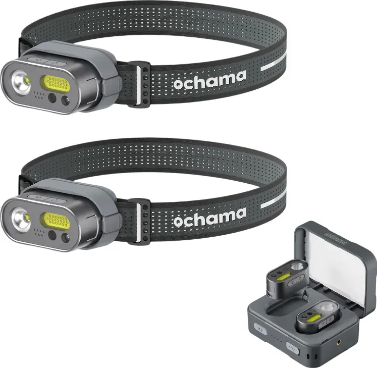 ochama MH1 intelligentes Multifunktions-Stirnlampe-Set, 2 Stirnlampen, 1 Sockel, 1 Tragegurt, 1 Type-C-Ladekabel, 1 Ladebox enthalten, intelligente gestengesteuerte dimmbare Leuchte, unverzichtbar für Camping im Freien