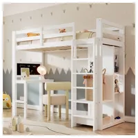 XDeer Jugendbett Kinderbett Hochbett mit Schreibtisch Offener Kleiderschrank, und Regalen Kinderbett mit Lattenrost und Rausfallschutz