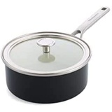 KitchenAid Steel Core Enamel Stielkasserolle mit Deckel (20cm/2,4l), deutsche Emaille, Induktionsgeeignet, backofenfest, spülmaschinenfest, Onyx Schwarz