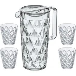Kanne KOZIOL "CRYSTAL", transparent, B:18cm H:25cm, Kunststoff, Kannen, Wasserkaraffe, spülmaschinenegeeignet, 100% recycelbar, 1 Kanne 1,6L+ 4 Becher 250ml