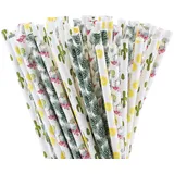 200 Stück Hawaiianische Papierstrohhalme Biologisch Abbaubar Recycelbar Trinkhalme Sommer Luau Party Flamingo Kaktus Muster Saft Cocktail Strohhalme für Geburtstag Hochzeit Aloha-Partyzubehör