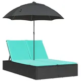 vidaXL Doppel-Sonnenliege mit Kissen&Sonnenschirm Schwarz Poly Rattan - Schwarz