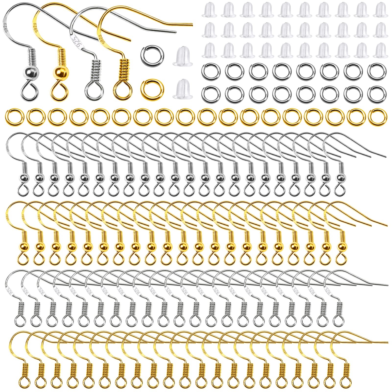 TOAOB 300 Stück 16x18mm 18x20mm Silberton Golden Kupfer Versilbert Ohrring Haken Ohrhaken mit Plastik Ohrstopper und Metall Sprungring für Ohrringe Schmuckherstellung