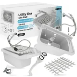 Ausgussbecken 50 x 34cm Weiß mit Regal Gitter Spültischmischer mit Ausziehbrause