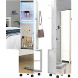 HOMCOM Schmuckschrank mit LED-Lichtern, Schmuckschrank mit 360°-Drehung, Stehender Schmuckschrank mit Ganzkörperspiegel, Schloss und Schlüssel, Fächer, Oberfläche Weiß und Futter Beige   Aosom