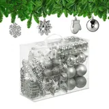 Relaxdays Weihnachtskugeln 100er Set, glitzernd, matt & glänzend, Baumschmuck, Kunststoff, verschiedene Designs, silber