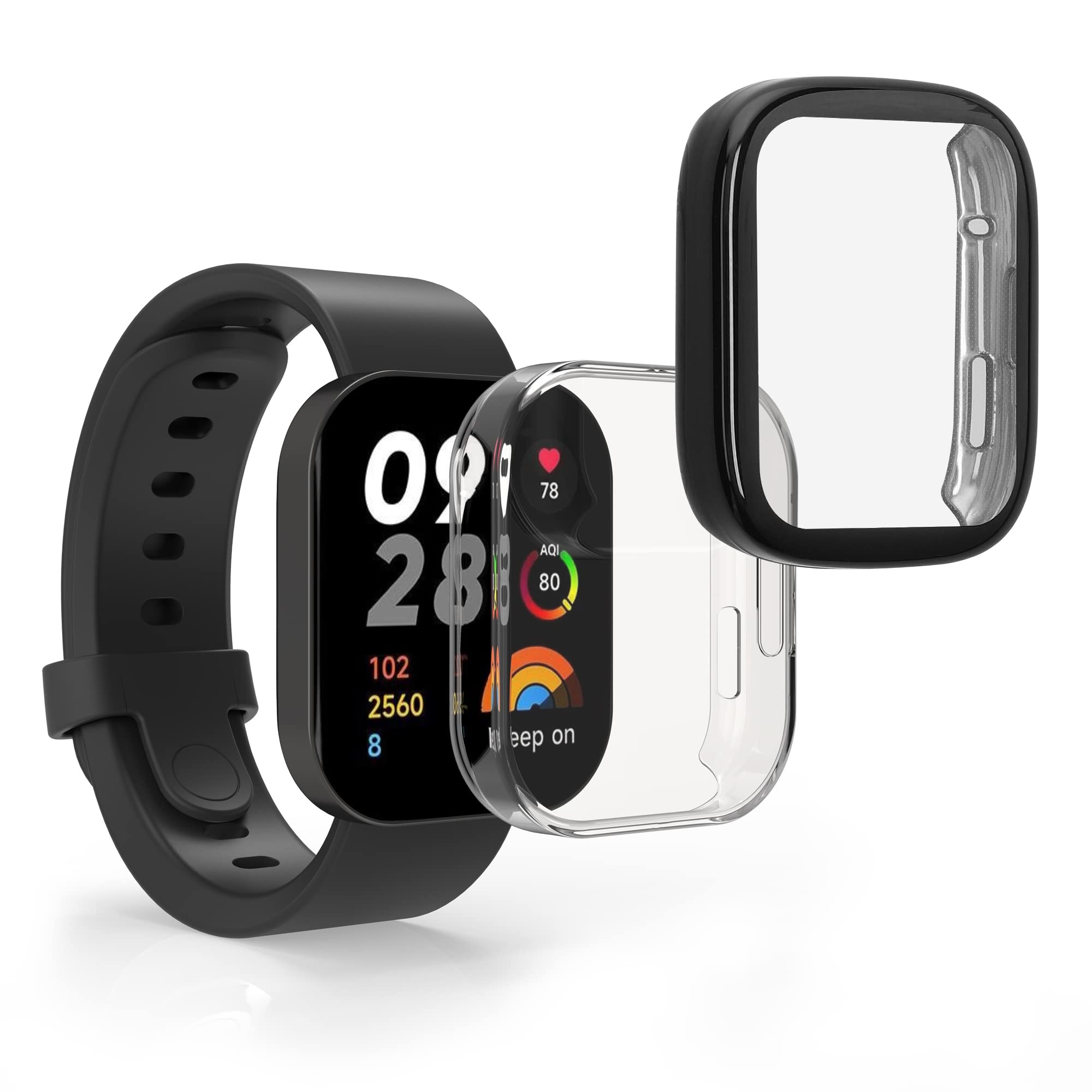 kwmobile 2X Schutzhülle kompatibel mit Xiaomi Redmi Mi Watch Lite 3 / Redmi Watch 3 Hülle - Fullbody Cover Set aus Silikon - Schwarz Transparent