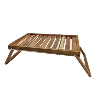 Spetebo Akazien Betttablett mit Klappbaren Füßen - 49 x 33 cm Holz Servier Frühstücks Laptop Tisch Klappbar mit Gestell