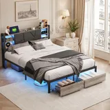 OLIVIBED Polsterbett Metallbett 140 x 200 cm, Doppelbett mit 2 Schubladen, Stauraumbett mit Lattenrost aus Robustem Bettgestell, Jugendbett für Schlafzimmer, Schwarz, PU, Ohne Matratze