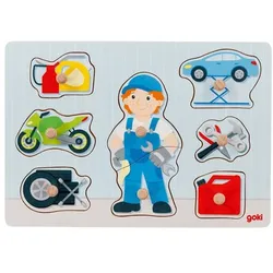 Steckpuzzle Automechaniker von goki Autopuzzle aus Holz Auto Motorrad