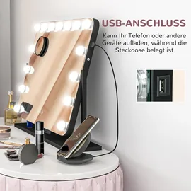 Homcom Hollywood Spiegel mit Beleuchtung Schminkspiegel mit 14 LED Licht 3 Lichtfarben USB-Ladeanschluss Handyhalterung
