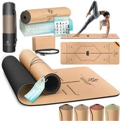 KESSER® Yogamatte Kork Inkl. Tragegurt Tasche & Yoga-Block Gymnastikmatte Yoga Matte rutschfest aus Naturkautschuk TPE Fitnessmatte, 183 x 62 Trainingsmatte für Fitness Sportmatte, Gymnastik extradick