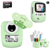 Fine Life Pro CD-P01B Kinderkamera (30 MP, 0x opt. Zoom, inkl. 6 farbigen Pinselstiften + 2 Rollen Druckpapier + Aufkleber, Videoaufnahmen mit Ton in Full HD, automatische Abschaltung) grün