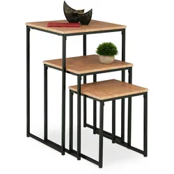 Relaxdays Beistelltisch 3er Set, stapelbar, Industrie Design, Satztisch 3 Größen, quadratisch, Metall, hellbraun/schwarz