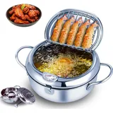 Qivine Japanischer Frittiertopf Induktion, Friteuse Klein mit Thermometer, Edelstahl-Topf Tempura Mini Fritteuse mit Deckel und Abtropfgestell für Pommes Frites, Garnelen, Fisch (24cm)