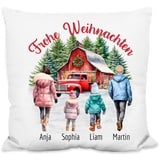 Kissen personalisiert mit Namen & Figuren „Frohe Weihnachten“ – Familien-Motiv - 40x40cm, inkl. Kissen-Füllung | Zierkissen Deko Weihnachtskissen Weihnachts-Geschenk (Flauschiges Kissen)