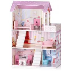 Chipolino Holz-Puppenhaus 7-teilig Balkon, Stühle, Tisch, Bett, Sofa, Schrank rosa