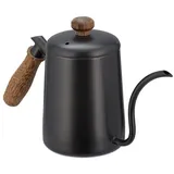 Relaxdays Edelstahl, Eichenholz-griff, Messskala, Volumen 550 ml, Kanne mit Holzgriff anthrazit/braun