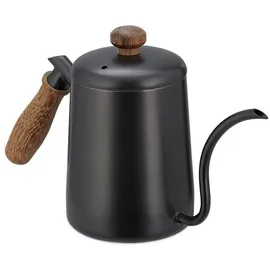 Relaxdays Edelstahl, Eichenholz-griff, Messskala, Volumen 550 ml, Kanne mit Holzgriff anthrazit/braun