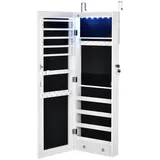 Costway Verspiegelter Schmuckschrank mit 6 LED-Leuchten & 2 Schubladen Hängeschrank abschließbar, Wandschrank Schmuck Organizer zur Wand-/Türmontage, Weiß