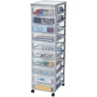 Iris Ohyama Plastik-Aufbewahrungsturm, 10 Schubladen, 7L Schreibtisch, Intarsien-Griff, 4 abnehmbare Räder, DC-010, Grau- B29 x T40 x H100.5 cm