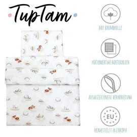 TupTam Kinder Gemusterte Bettdecken Set Ganzjahresdecke Bettdecke Kopfkissen Flachkissen 2tlg., Farbe: Schlafende Baby Tiere/Beige, Größe: 135x100 cm