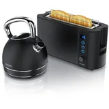 Arendo Frühstücks-Set Edelstahl Wasserkocher 1,7l, 2-Scheiben Langschlitz Toaster, schwarz (2-tlg), Frühstücksset, Wasserkocher Retro, 2200W, Toaster Brötchenaufsatz schwarz