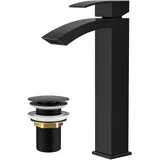 FORIOUS Wasserhahn Bad Schwarz mit Ablaufgarnitur, Wasserfall Waschtischarmatur Hoch mit Auslauf Höhe 225 mm, Mischbatterie Armatur Badezimmer, Gitterauslauf, Energiesparend & Wassersparend