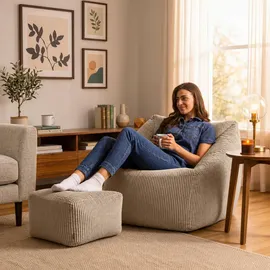 I.C.O.N. icon Sitzsack Riesen Sessel aus Cord Flauschig „Natalia" mit Hocker (Spar-Set, 1 x Sitzsack-Sessel, 1 x Fußhocker), Sitzsack XXL, Made in Germany, für Erwachsene & Kinder, für Wohnzimmer beige