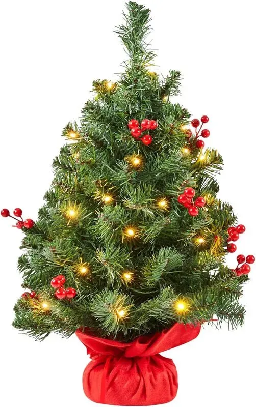 Yaheetech Tischweihnachtsbaum, 60 cm, mit 35 LED-Lichtern und stabiler Betonbasis, Grün mit roten Beeren