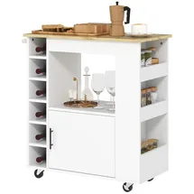 Homcom Küchenwagen Rollwagen mit Arbeitsplatte aus Holz, Ablagen, Weinregalen, Servierwagen, Küchenschrank auf Rollen mit Soft-Close-Scharnieren,