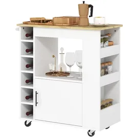 Homcom Küchenwagen Rollwagen mit Arbeitsplatte aus Holz, Ablagen, Weinregalen, Servierwagen, Küchenschrank auf Rollen mit Soft-Close-Scharnieren,