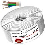 MAS Premium Feuchtraumkabel Stromkabel 5-170m Mantelleitung NYM-J 5x1,5, 2,5, 4, 6, 10 oder 16 Elektrokabel Ring für feste Verlegung (NYM-J 5x6 mm2, 15m)