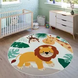 Paco Home Kinderteppich »Bino 582«, rund, 4 mm Höhe, Spielteppich, Motiv Tiere, Löwe & Giraffe, Kinderzimmer beige