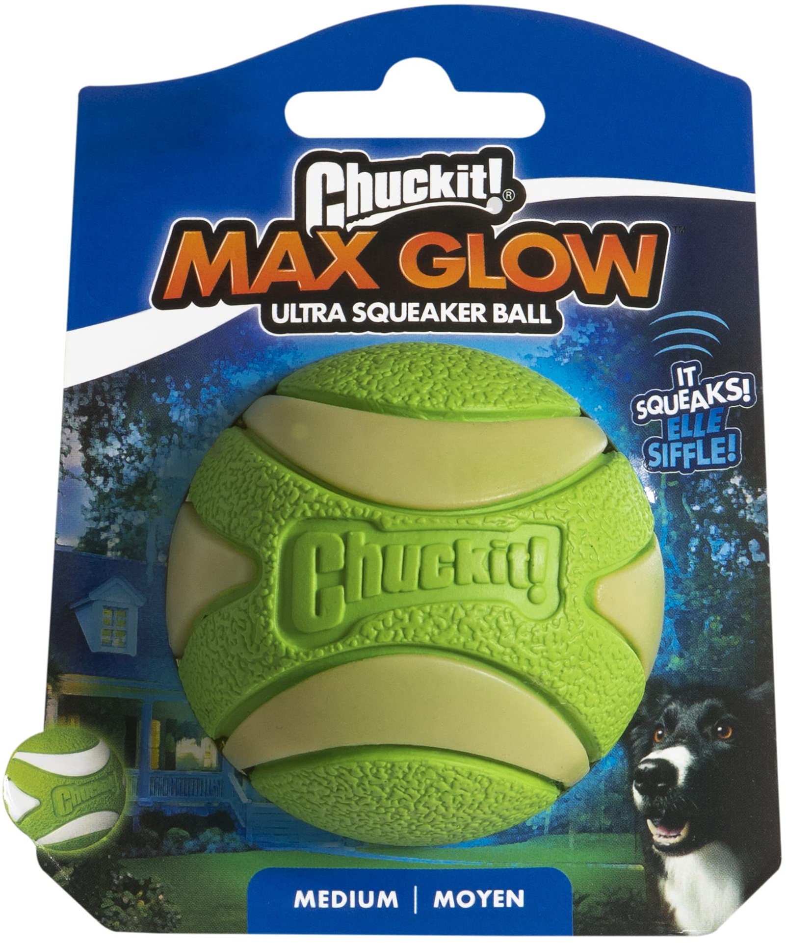 Chuckit! Max Glow Ultra Quietschball Hundespielzeug, langlebig, hohe Sprungkraft, schwimmender Gummi, quietschender Hundeball, wiederaufladbar, leuchtet im Dunkeln, kompatibel mit Launcher-Spielzeug