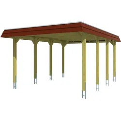 Skan Holz Walmdach Carport-396x589-rote Blende-nussbaum Holzcarport