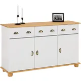 IDIMEX Apothekerkommode Colmar, Weiß/Braun - Sideboard mit 3 Schubladen und 3 Türen, im Landhausstil, Kiefer Massivholz, Muschelgriffe aus Metall, ideal für Flur, Schlafzimmer oder Wohnzimmer
