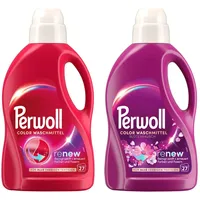 PERWOLL Flüssig-Set 2x 27 Waschladungen (54WL) 1x Color & 1x Color Blütenrausch, Feinwaschmittel reinigt sanft und erneuert Farben und Fasern, mit Dreifach-Renew-Technologie