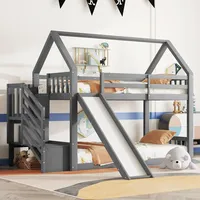 Kinderbett Etagenbett 90x200 cm für 2 Kinder, Hochbett Hausbett mit Stauraum Treppe und Rutsche, Holzbett mit Rausfallschutz und Lattenrost aus Holz, Weiß, Ohne Matratze(Grau)