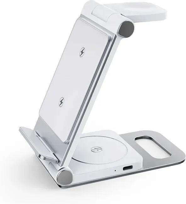 Rexsun 3-in-1 Faltbare Wireless-Ladestation, Aluminiumlegierung-Ladeständer für mehrere Apple-Geräte – Reisegröße für iPhone, Apple Watch, AirPods, Netzadapter nicht enthalten, T8, Silber-Weiß