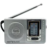 JAWSEU Mini-FM-Radio mit Teleskopantenne, AM/FM, Lautsprecher, Kopfhöreranschluss, Batteriebetrieben, Silber